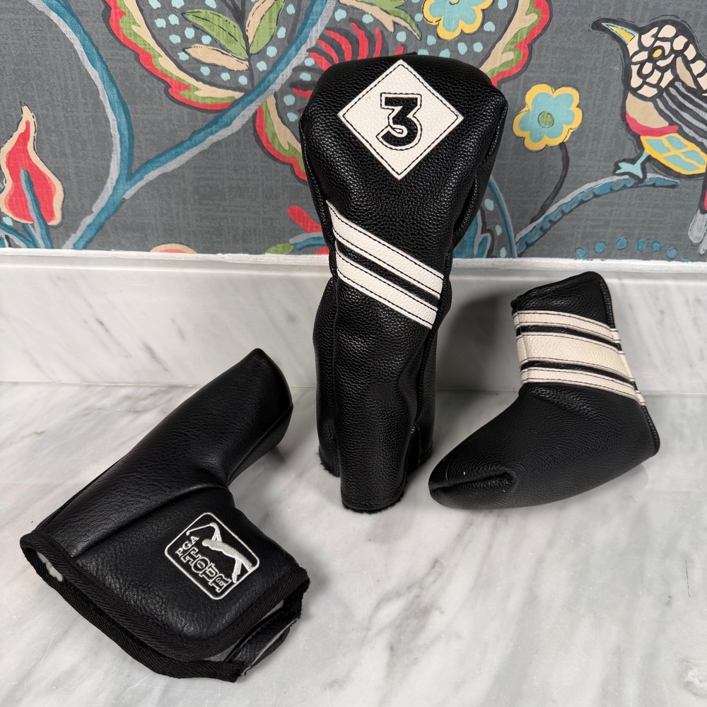 PGA Tour Golf Club Head Covers Lot of 3 Putter Driver Wood 3‎ Black Faux Leather